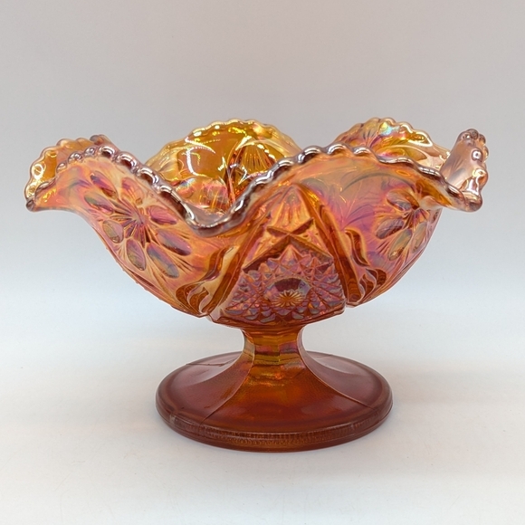 Vintage Carnival Glass Marigold Iridescent Footed Compote Fruit Bowl Dish - Picture 2 of 9